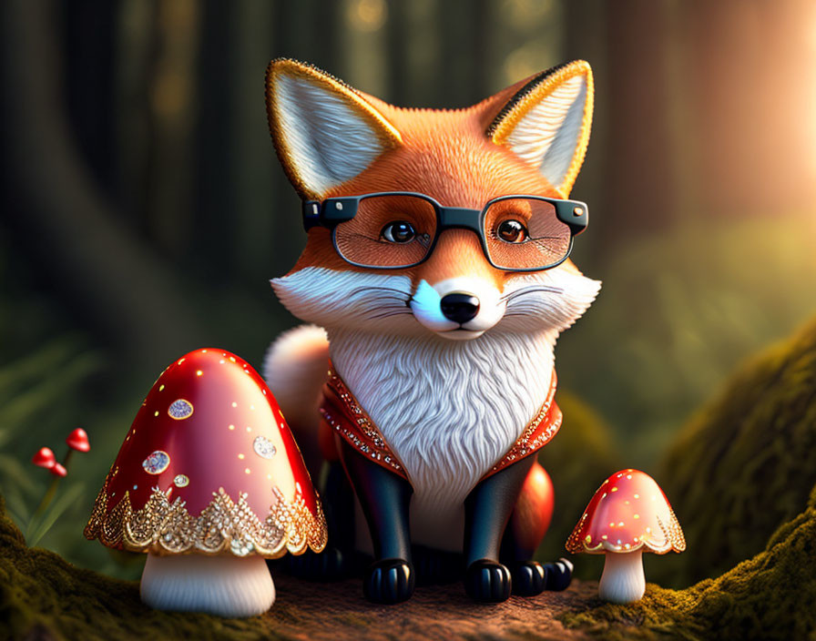 Illustrated Fox with Glasses in Fantastical Forest Scene