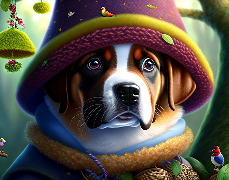 Detailed Illustration: Puppy in Colorful Hat & Scarf in Whimsical Forest