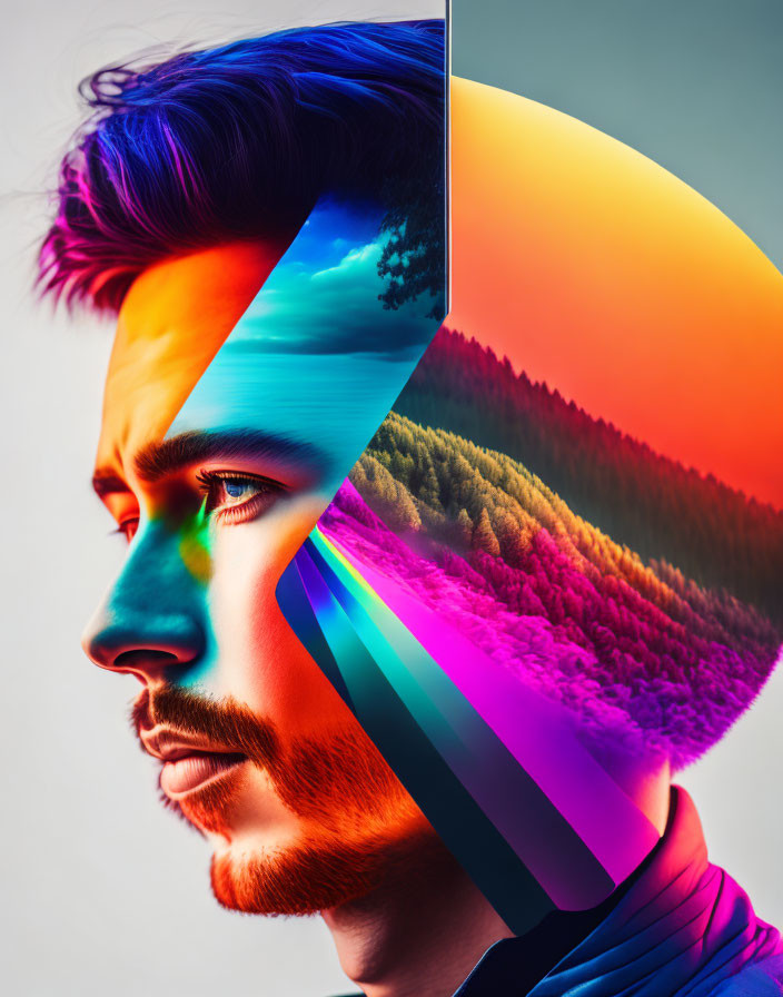 Vibrant nature landscape blends into man's portrait with rainbow overlay