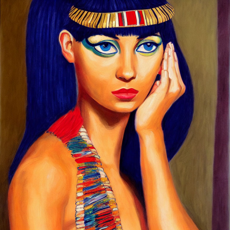 Portrait of a woman styled as Cleopatra with blue and gold headdress and multicolored necklace