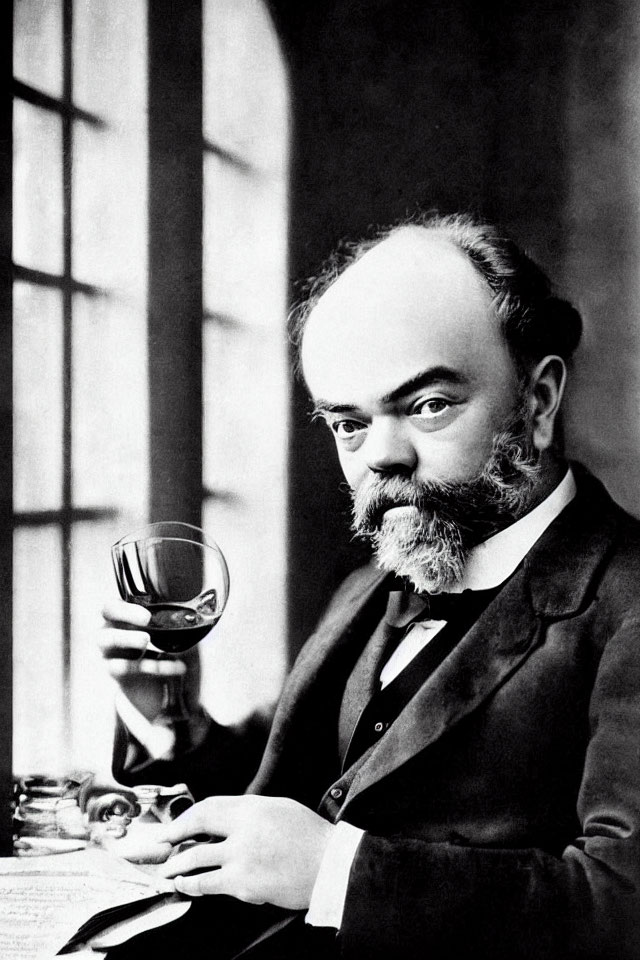 Vintage black and white photo: Seated balding man with beard holding glass of wine by window and