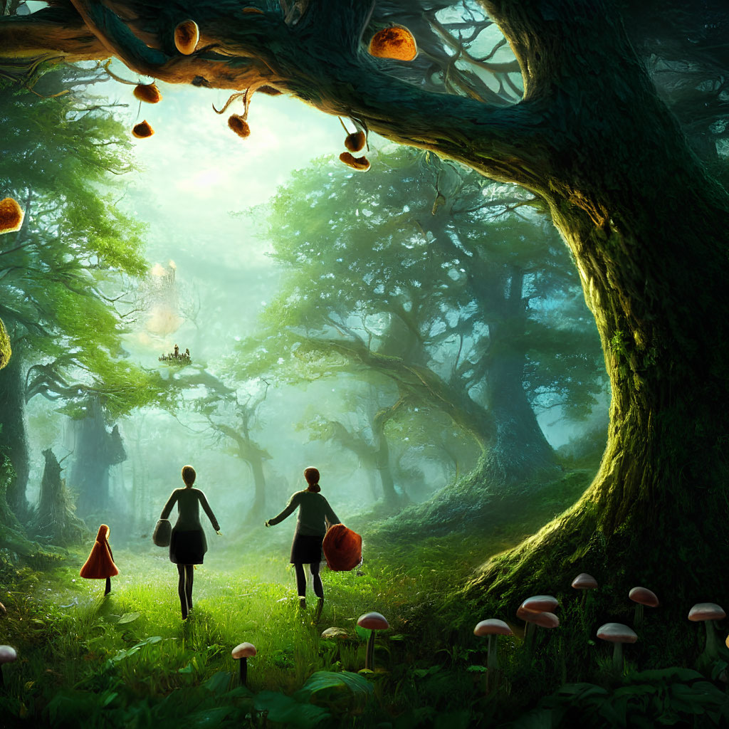 Enchanted forest scene with three children walking hand in hand