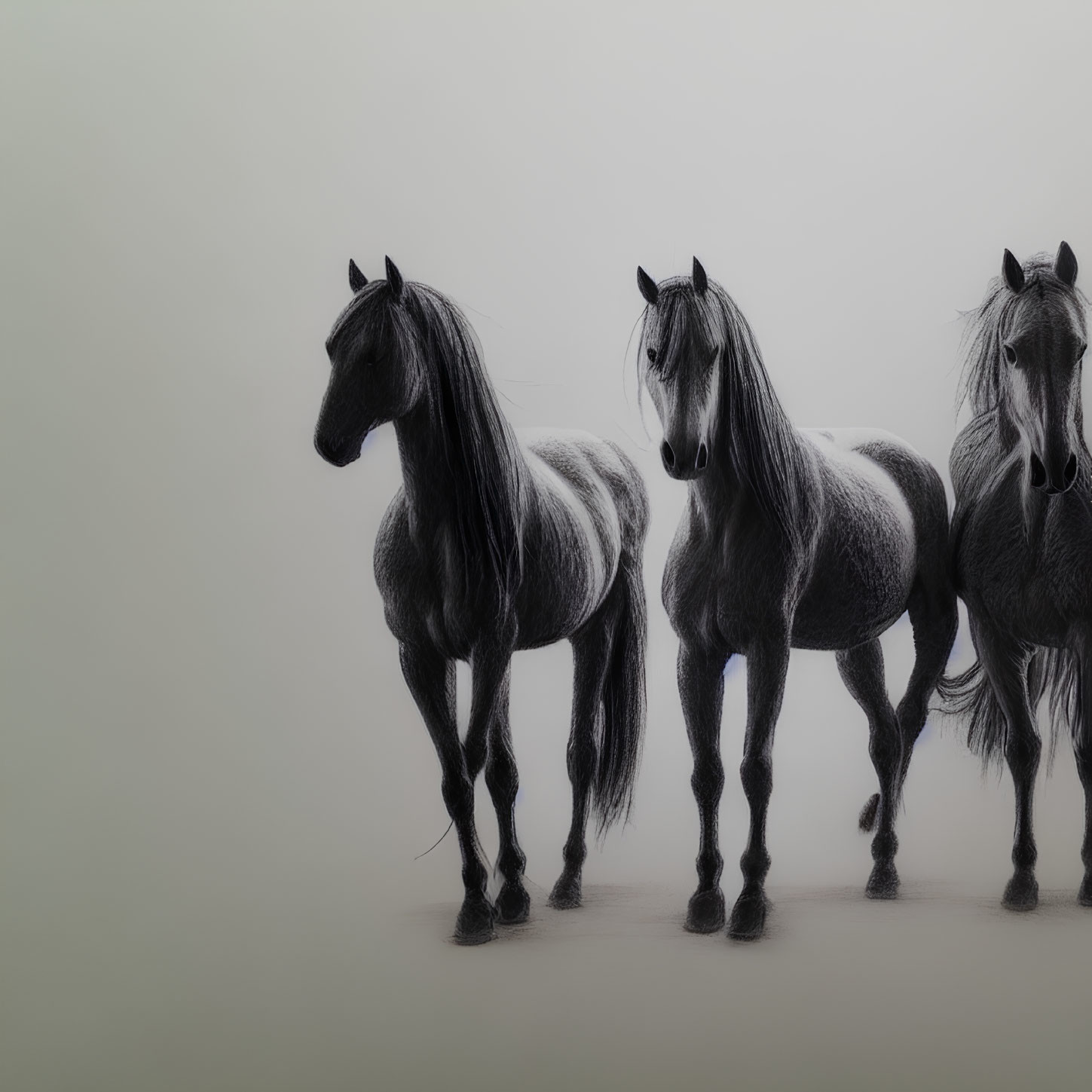 Detailed pencil-drawn horses on gradient grey background
