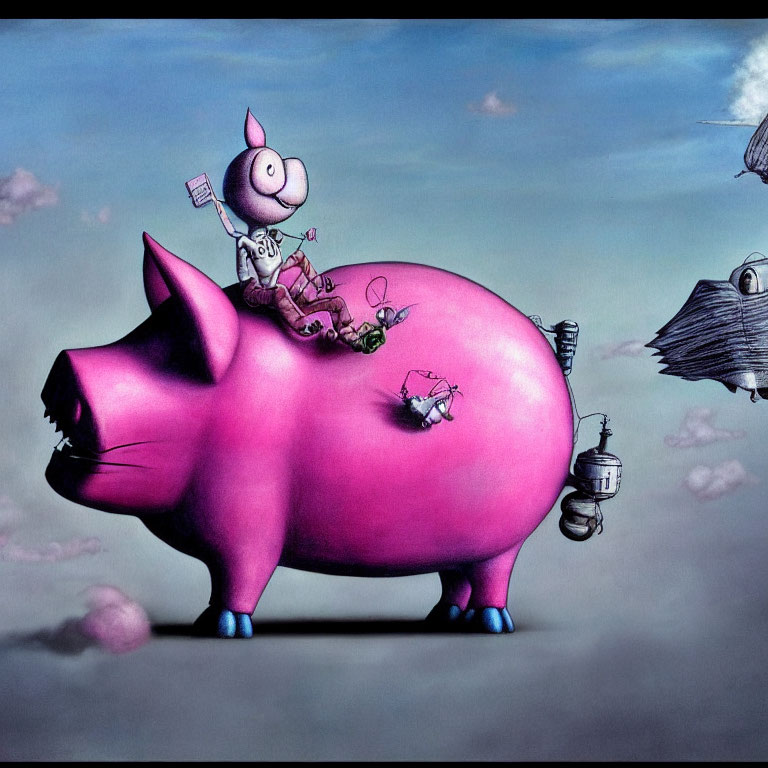 Whimsical pink pig with robot and items in surreal sky