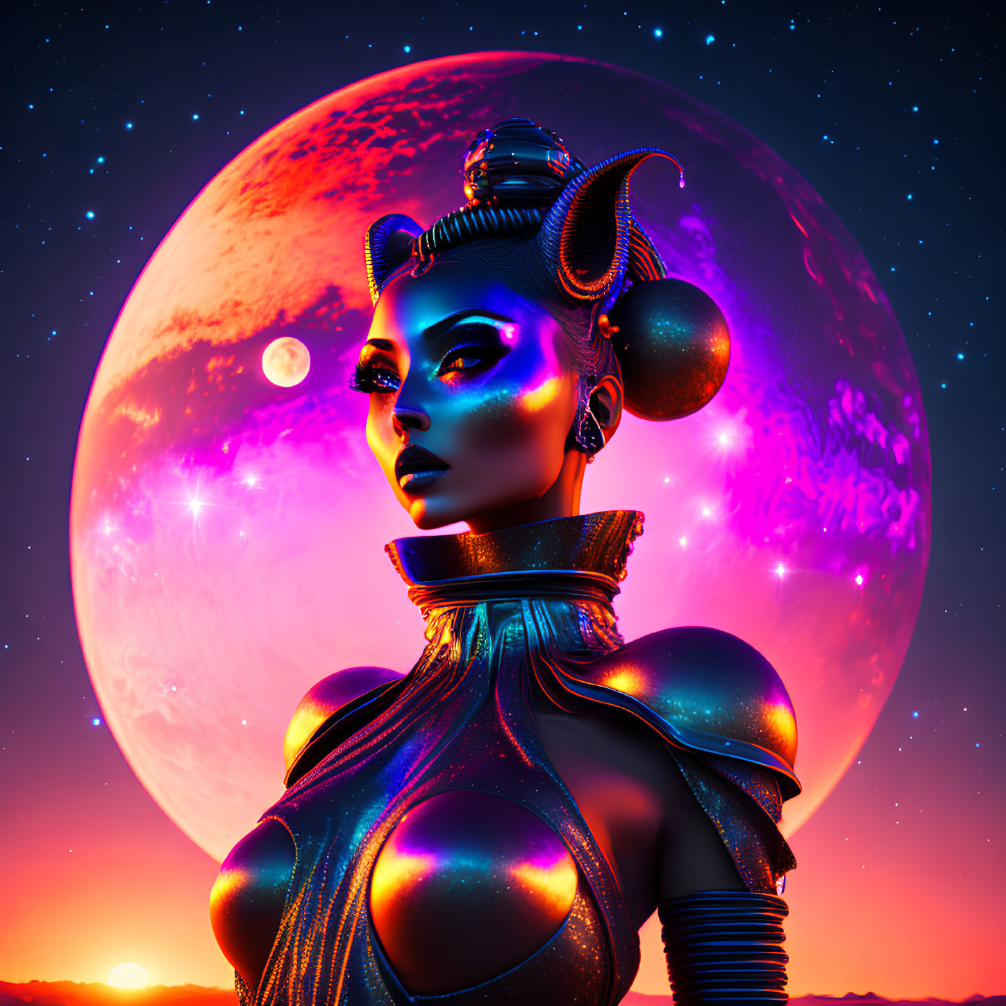 Metallic-skinned female figure with ornate headgear under purple moonlit sky