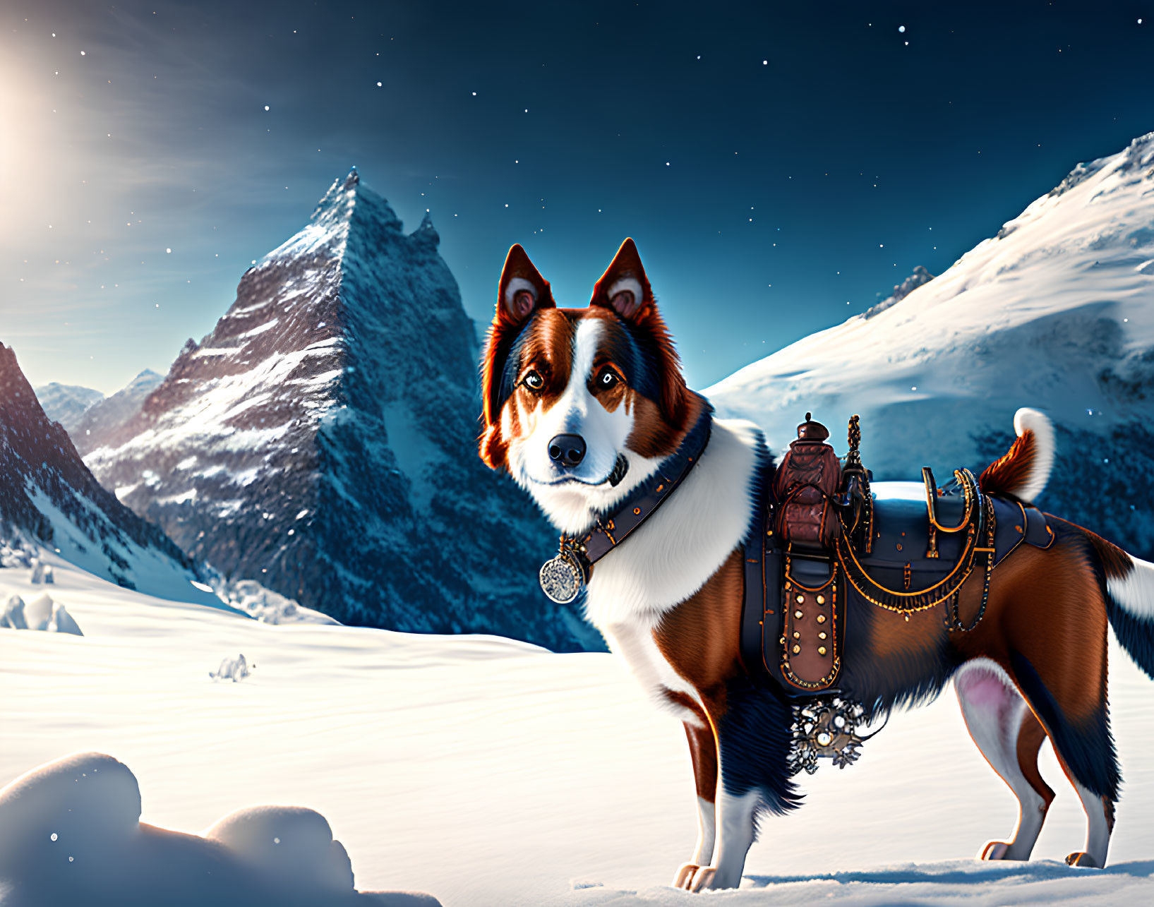 Brown and White Dog with Studded Collar in Snowy Mountain Landscape