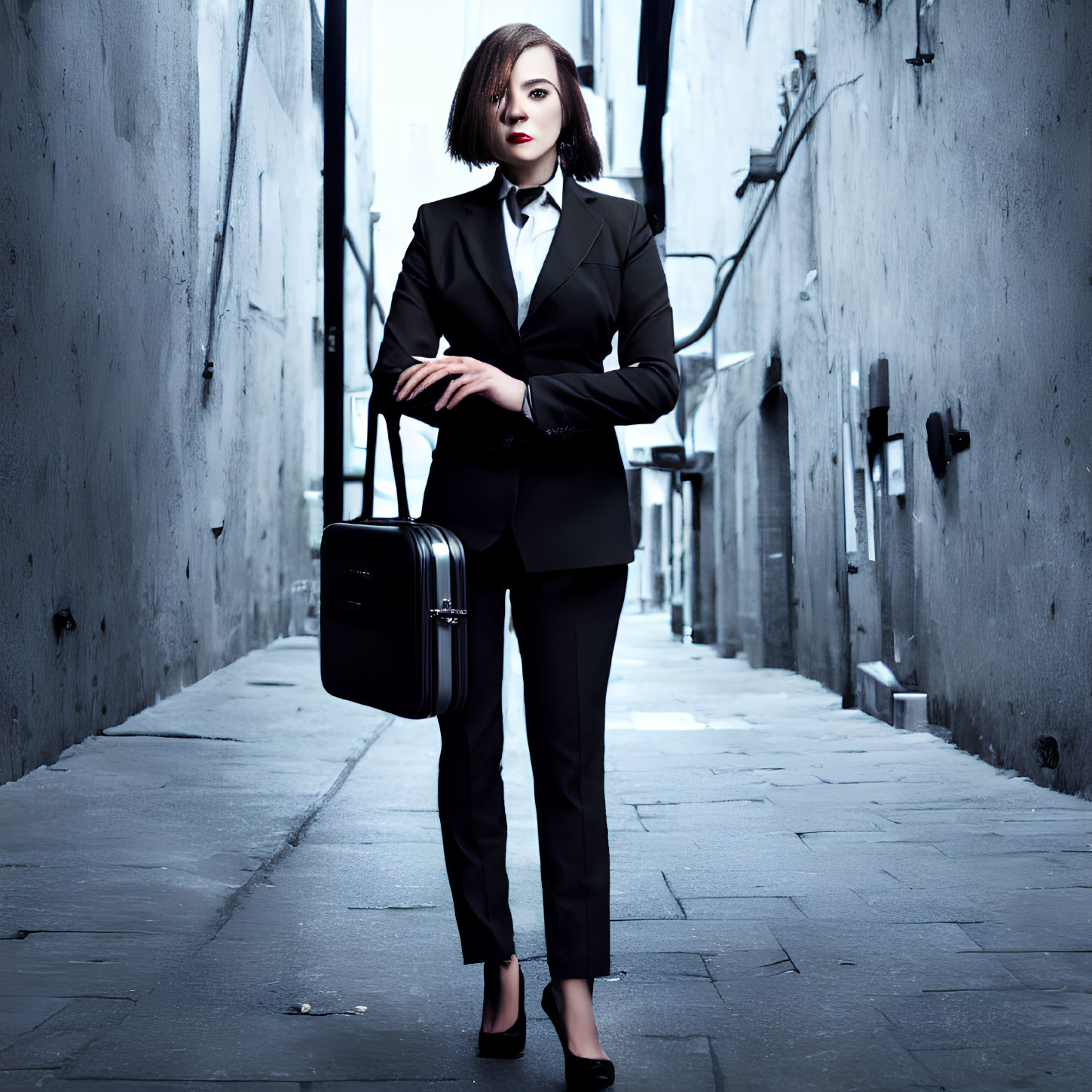 Confident professional woman in black suit with briefcase in narrow alleyway
