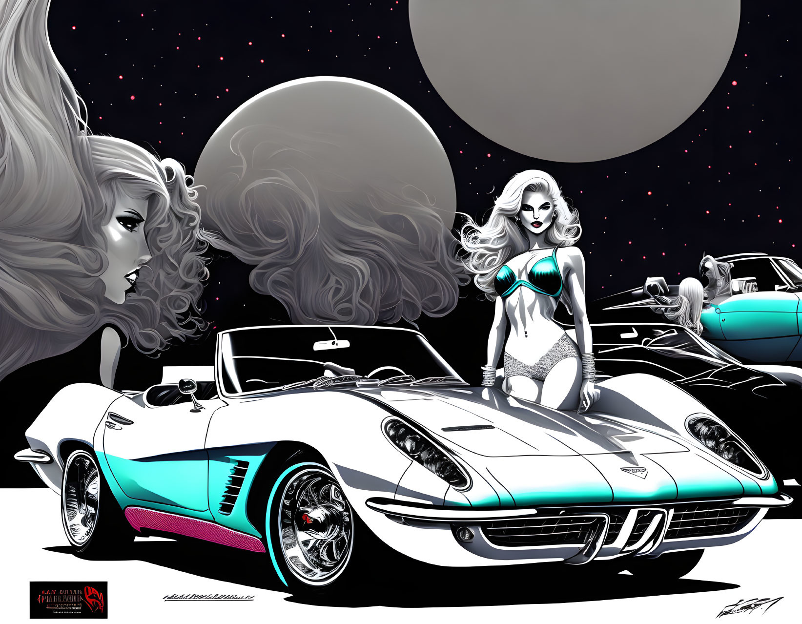 Stylized illustration of woman by classic convertible with retro-futuristic elements and space-themed backdrop.