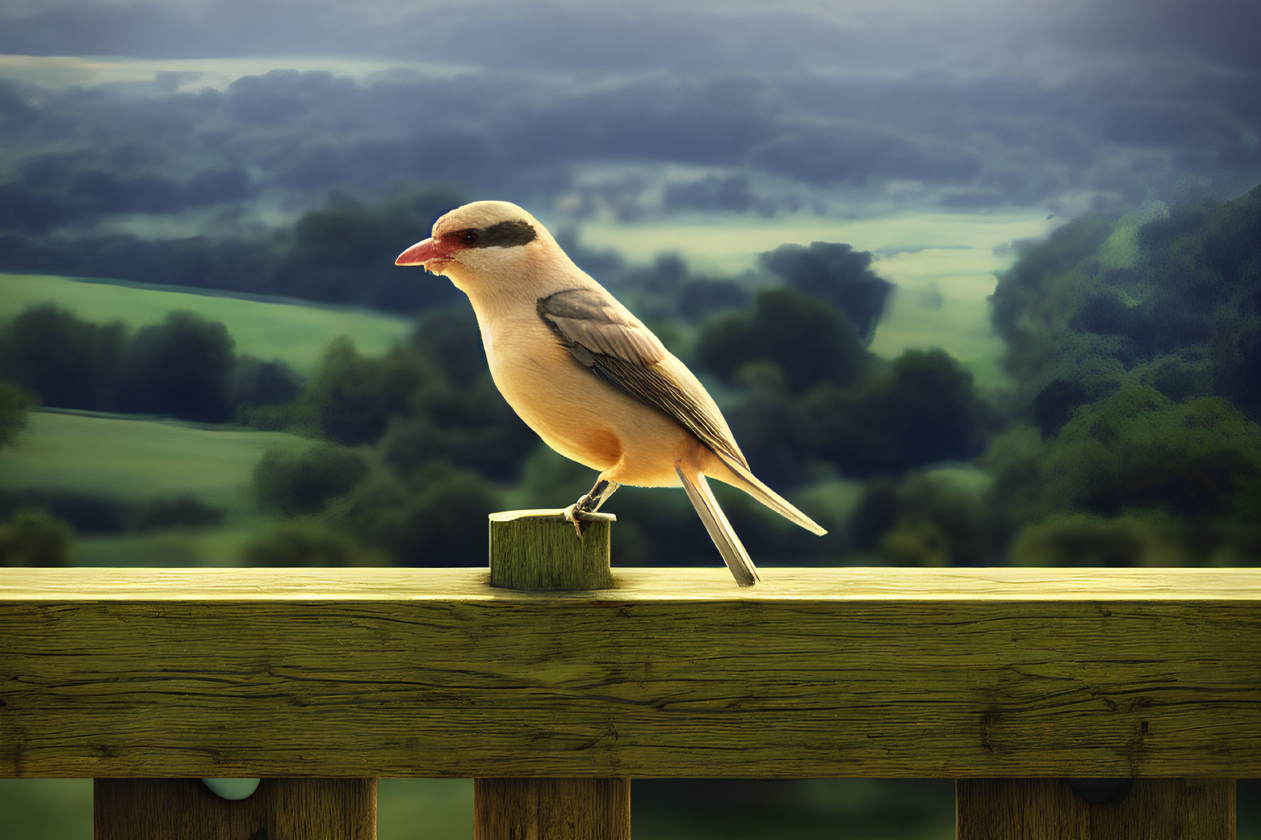 White-headed bird perched on wooden railing in scenic landscape