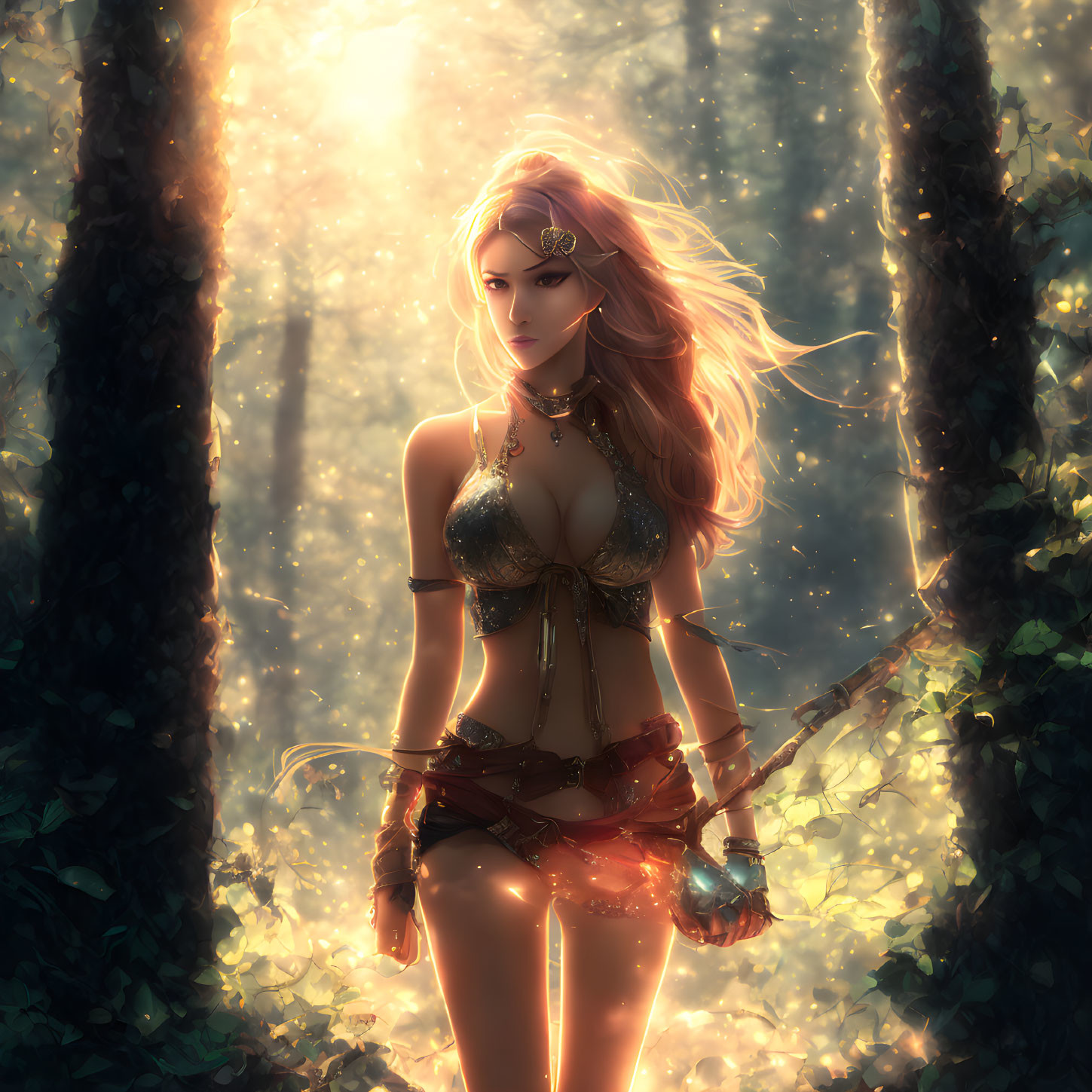 Fantasy illustration of woman with long hair in forest with ethereal sunlight.