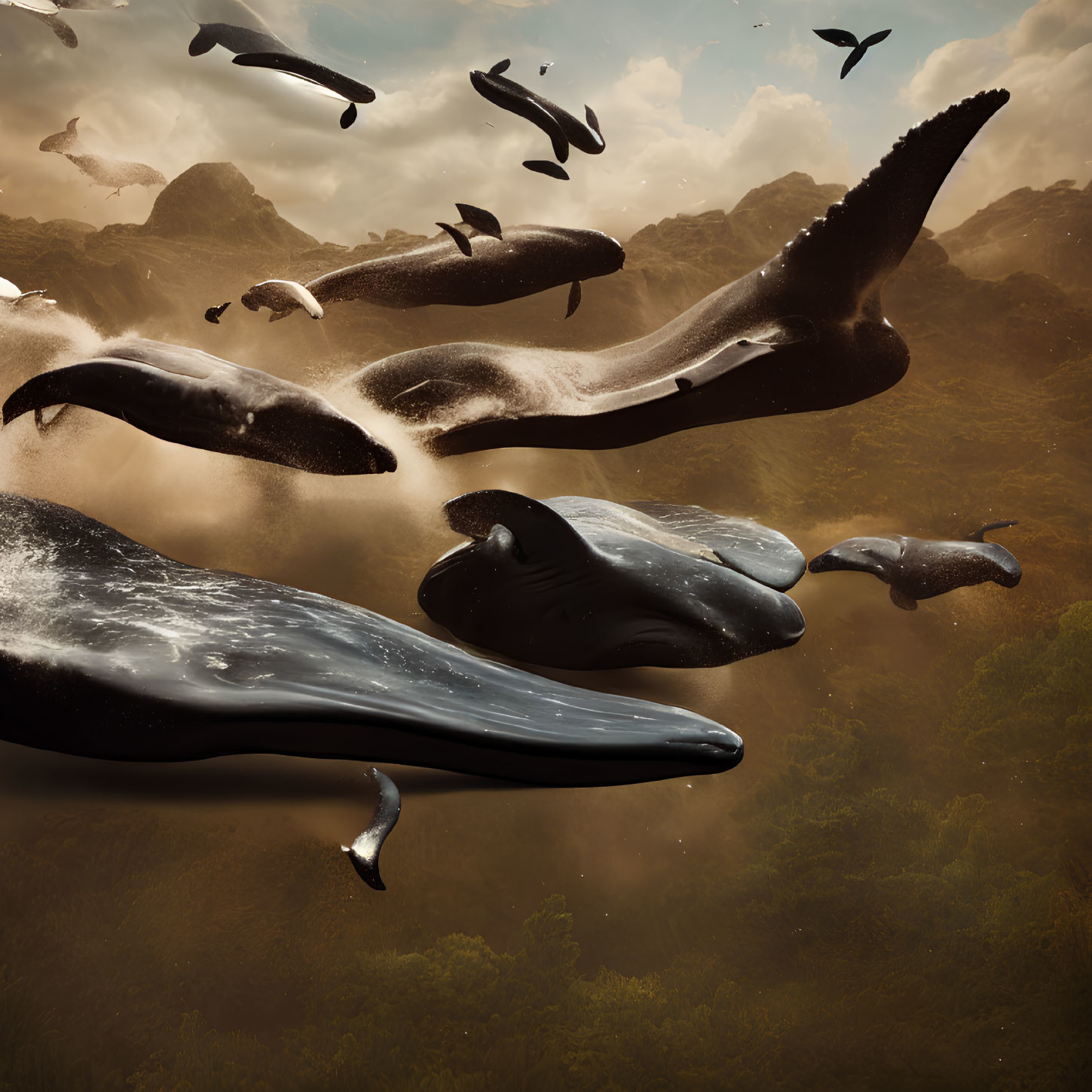 Whales and birds in surreal underwater sky scene