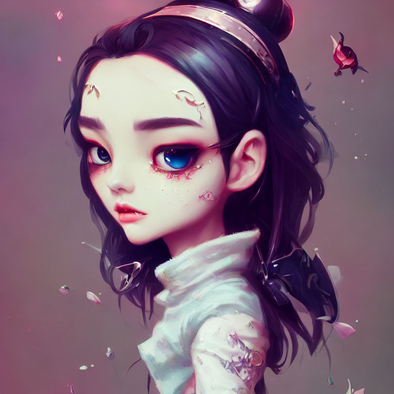 Stylized digital portrait of girl with blue eyes and black hair
