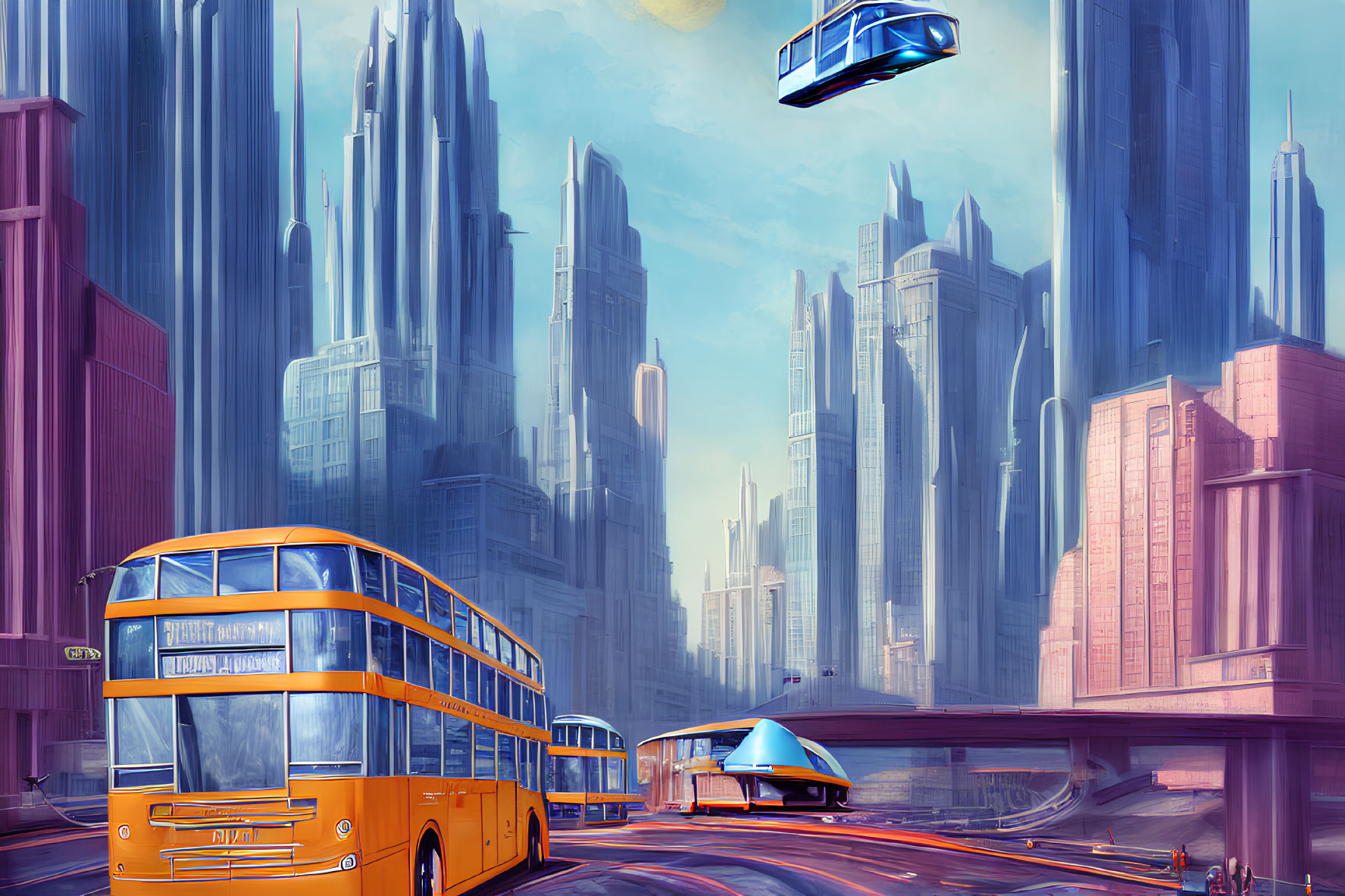 Vibrant futuristic cityscape with blue car, orange bus, and skyscrapers