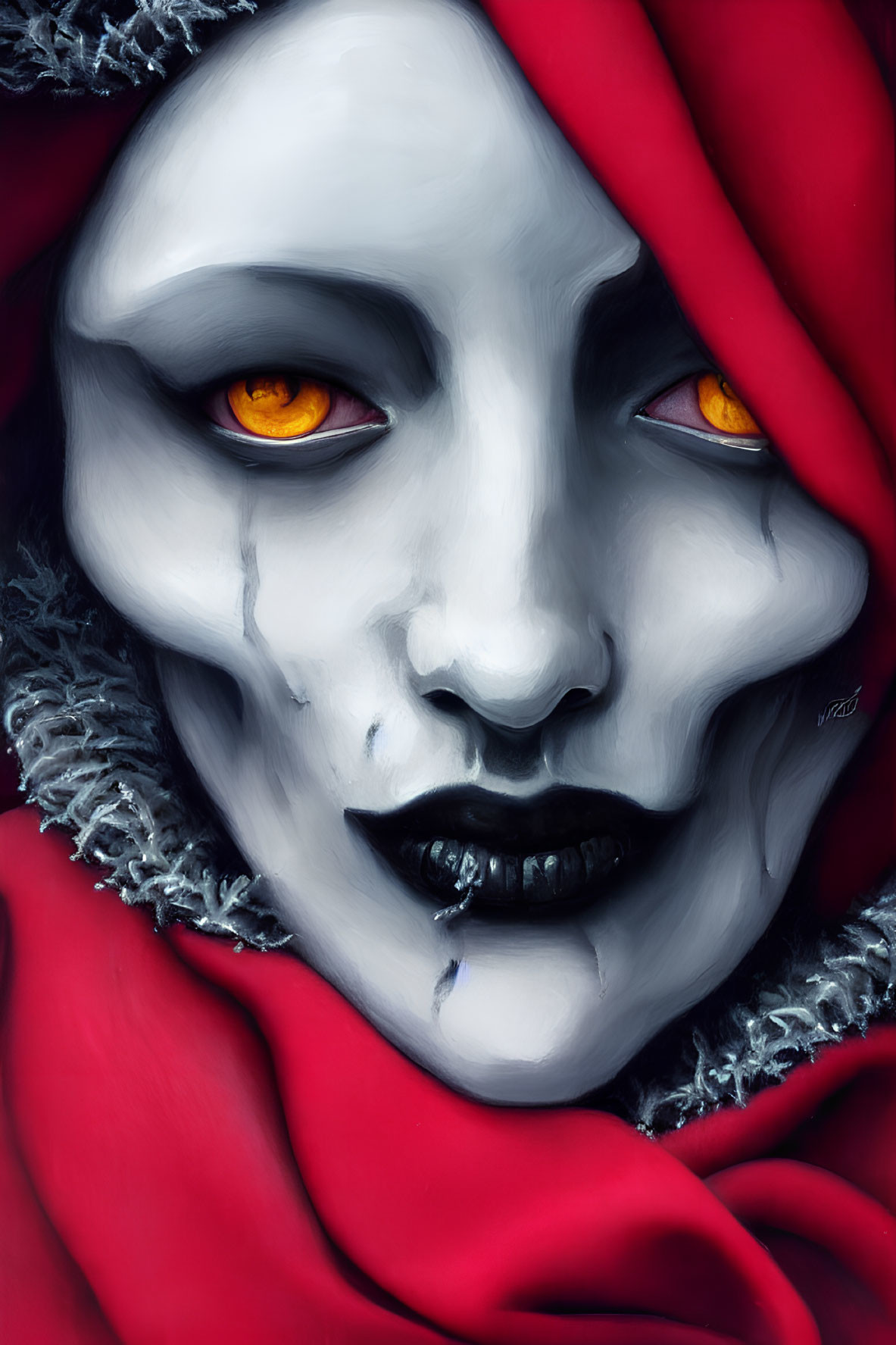 Person with dramatic skull-like makeup, orange eyes, and red hood.