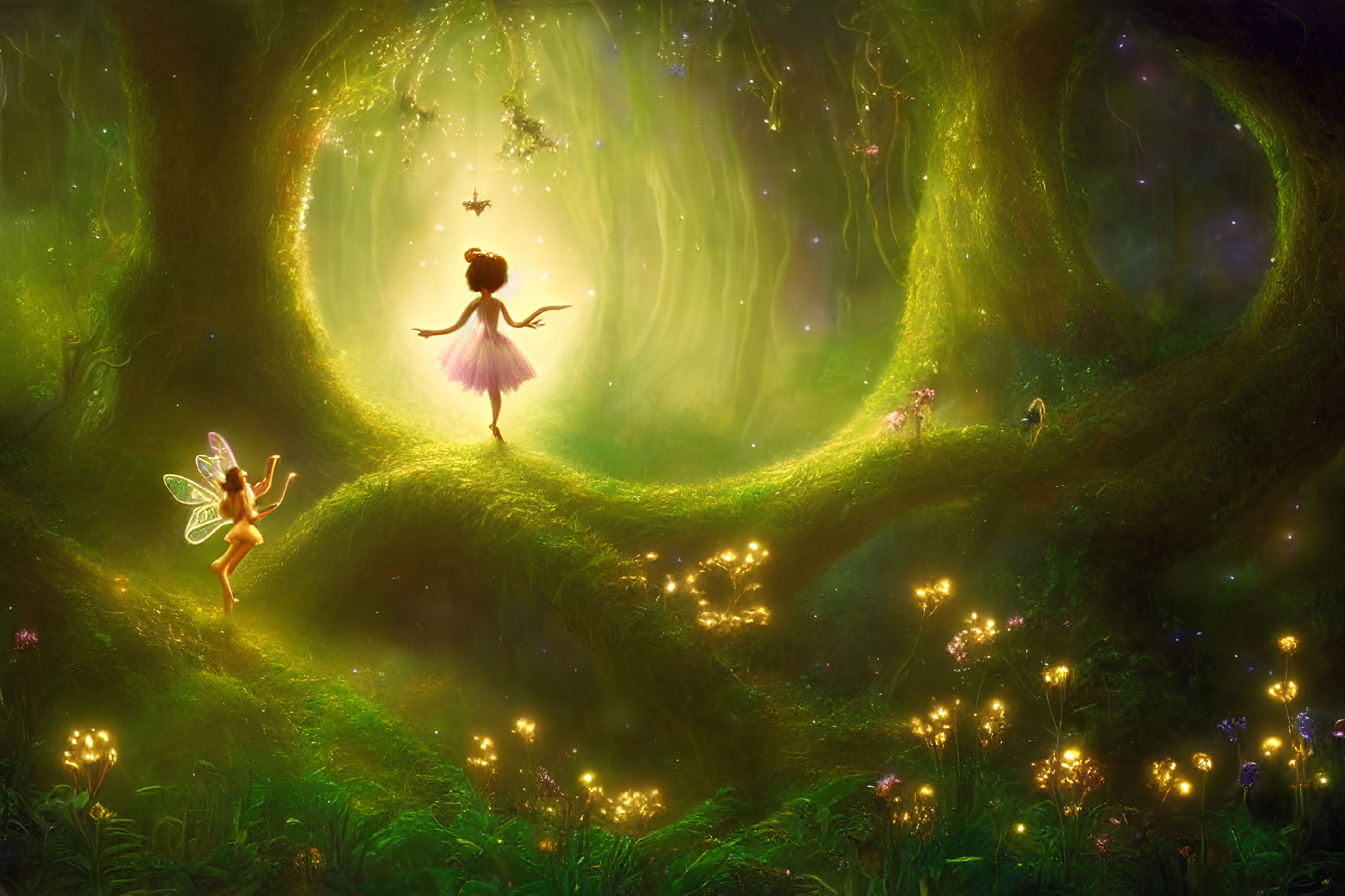 Magical forest scene with two delicate winged fairies