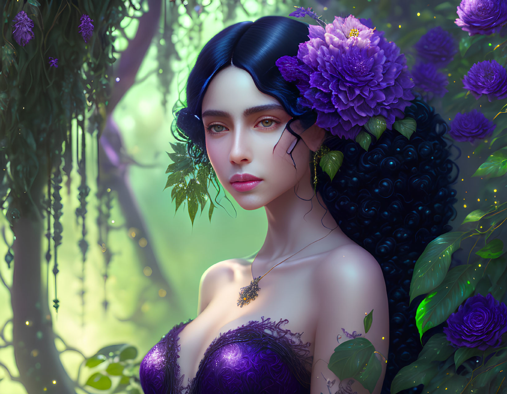 Dark-haired woman with purple flowers in ethereal forest setting