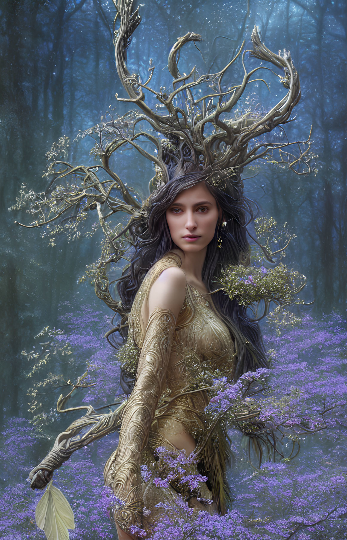 Digital artwork: Woman with antler-like headdress and golden tattoo patterns in mystical forest.
