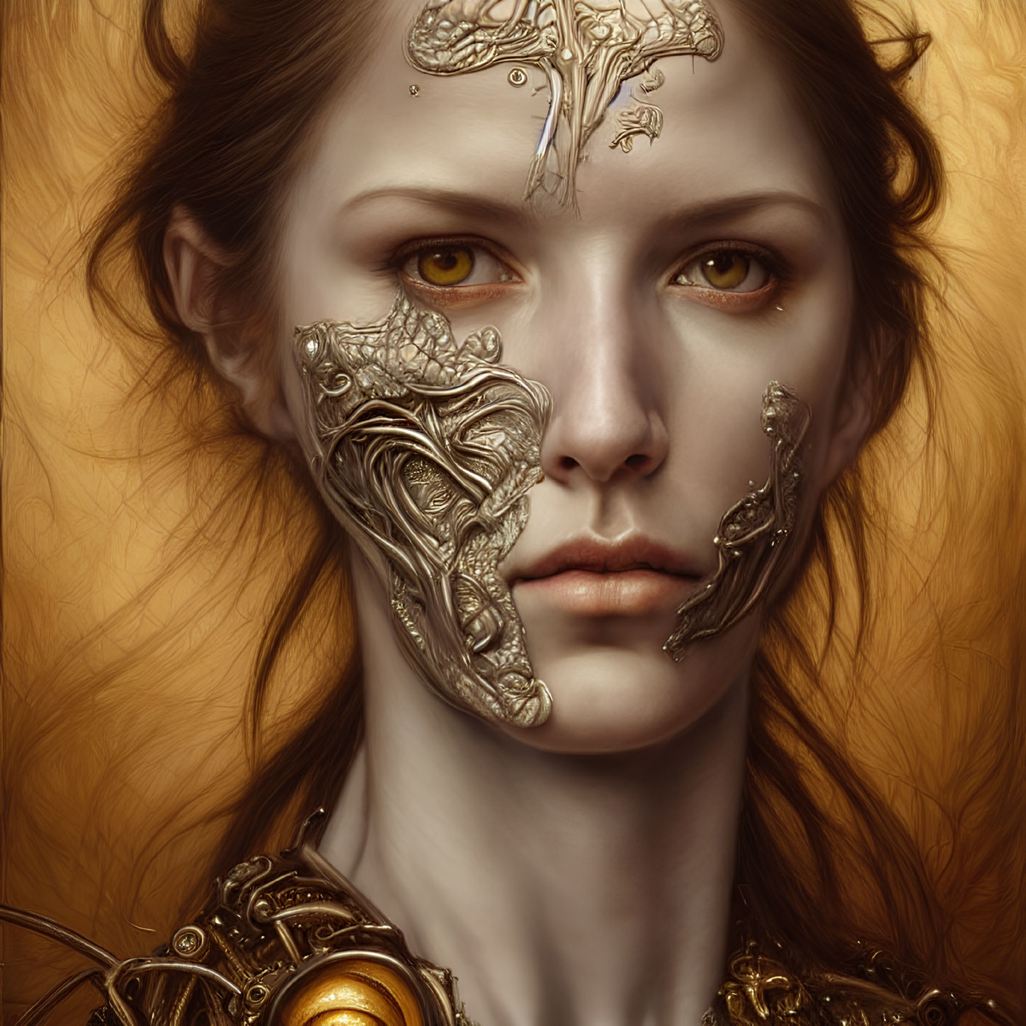 Portrait of a woman with fantasy metallic facial adornments and intense amber eyes