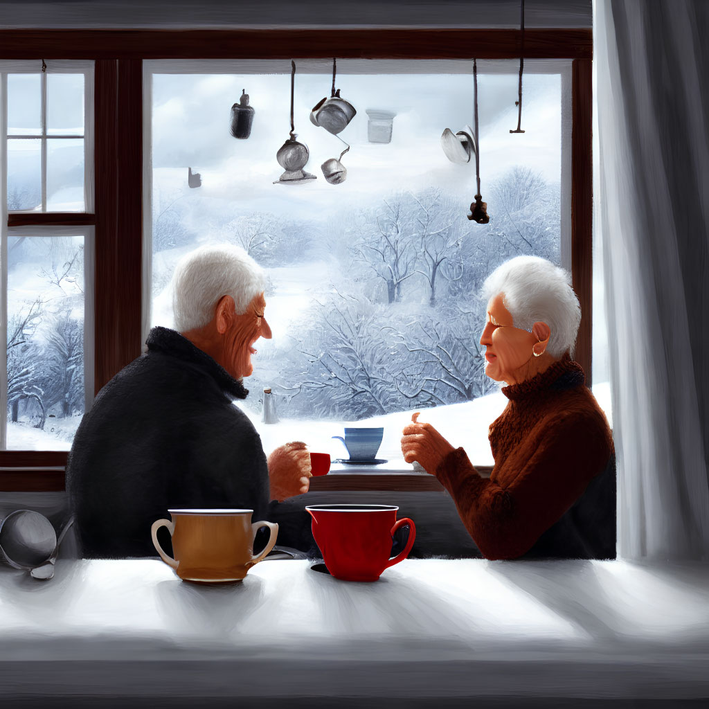 Elderly Couple Enjoying Warm Drink in Snowy Landscape