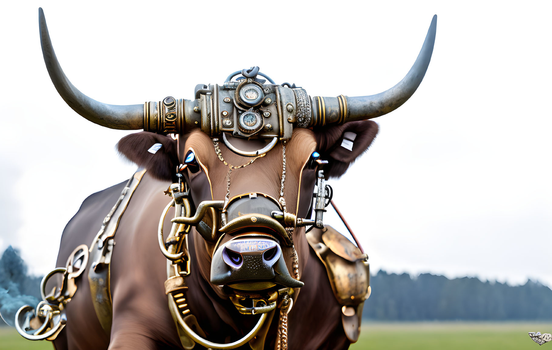 Intricate steam-punk style bull with mechanical headgear and brass accents against blurred background