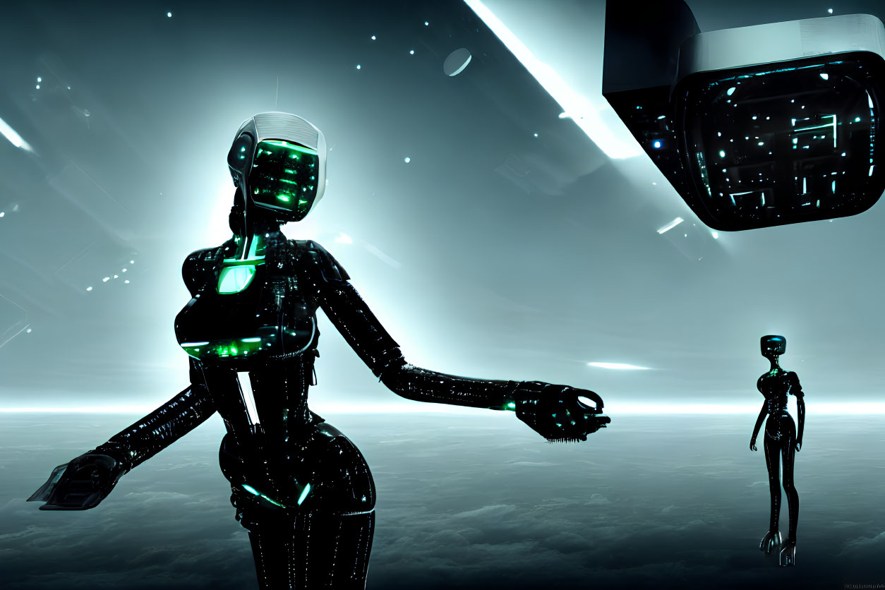 Futuristic humanoid robots with glowing green elements on sky backdrop