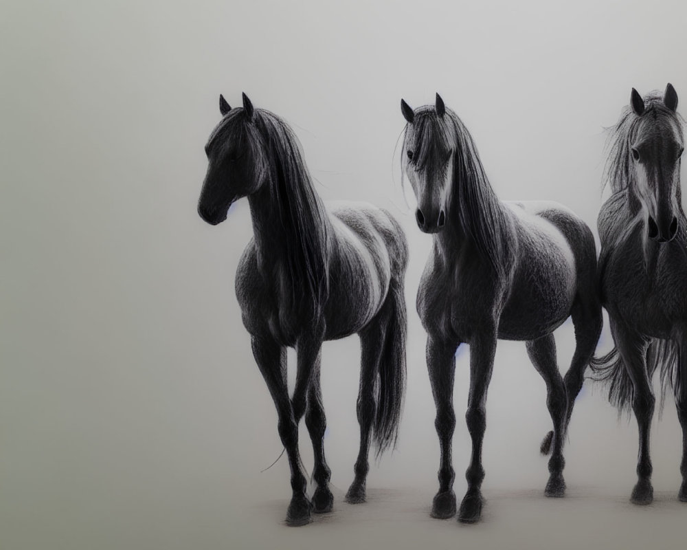 Detailed pencil-drawn horses on gradient grey background