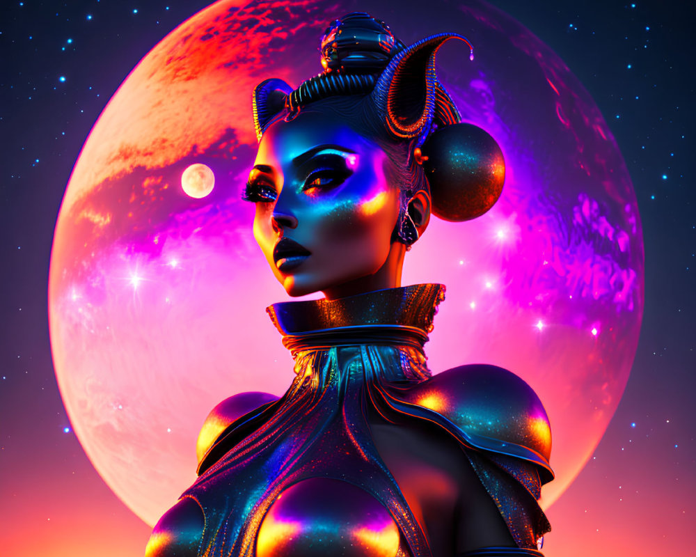 Metallic-skinned female figure with ornate headgear under purple moonlit sky