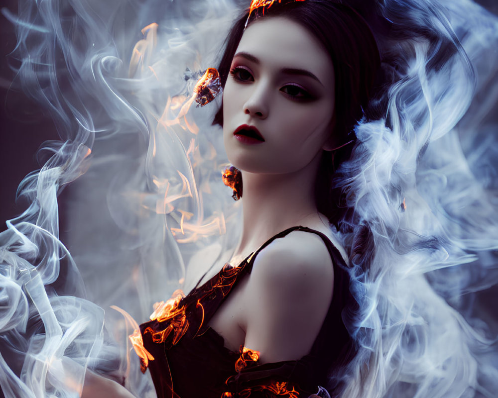 Woman with Dark Makeup and Fiery Orange Hair Accents in Swirling Smoke
