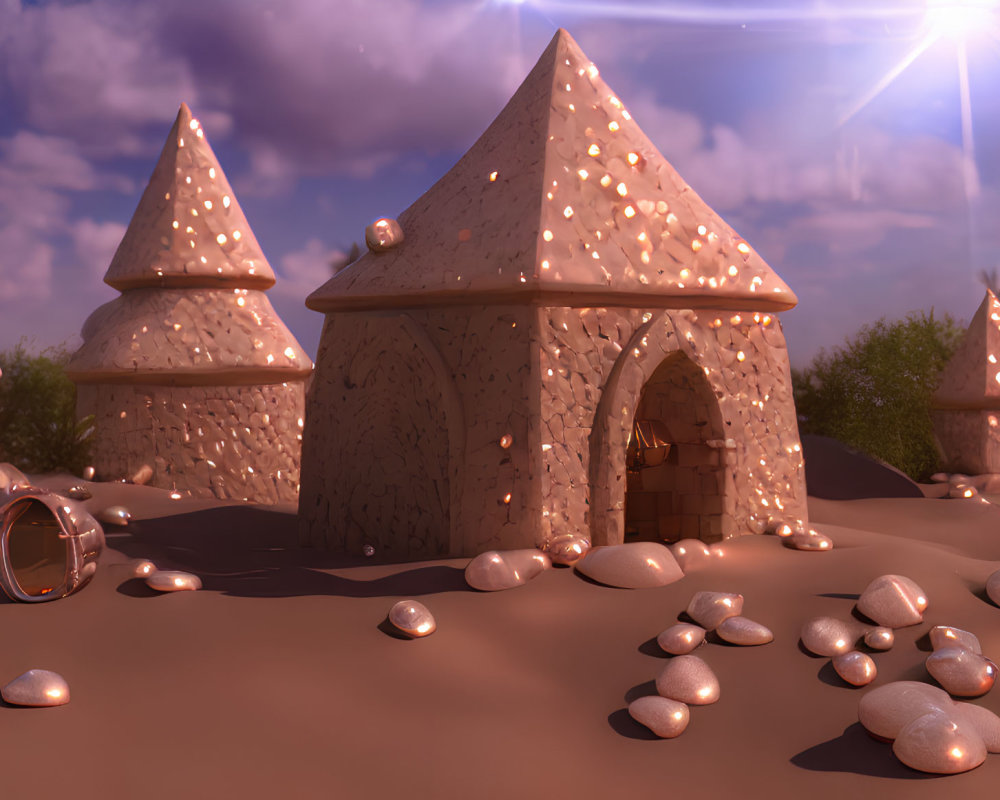 Whimsical inverted cone buildings in a fantasy desert scene