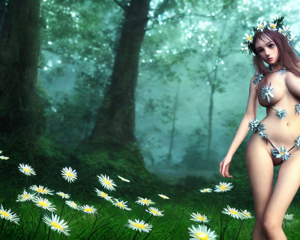 Fantasy female figure with flowers in misty forest.