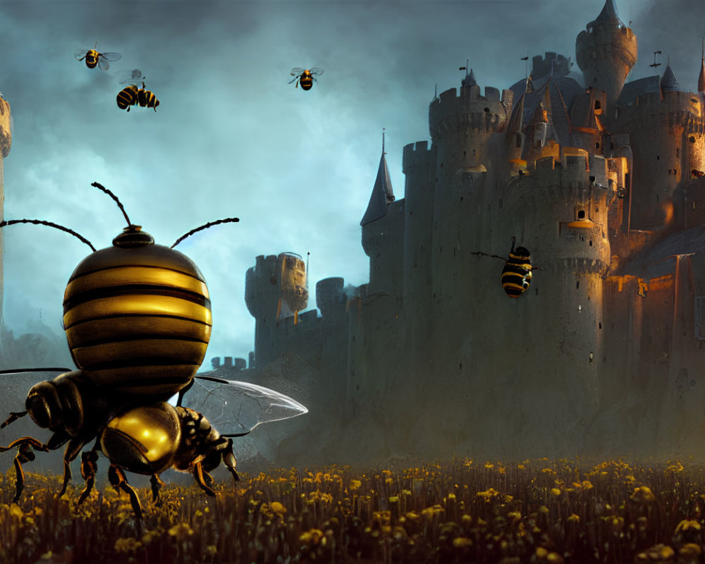 Giant bees near medieval castle in flower field under dramatic sky
