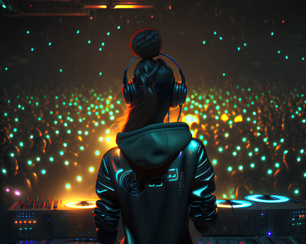Female DJ in neon-lit club with headphones and crowd