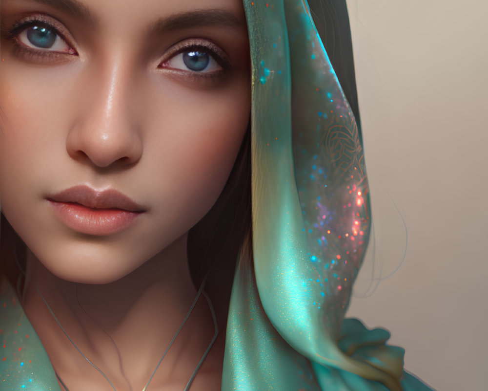 Portrait of Woman with Blue Eyes and Teal Scarf