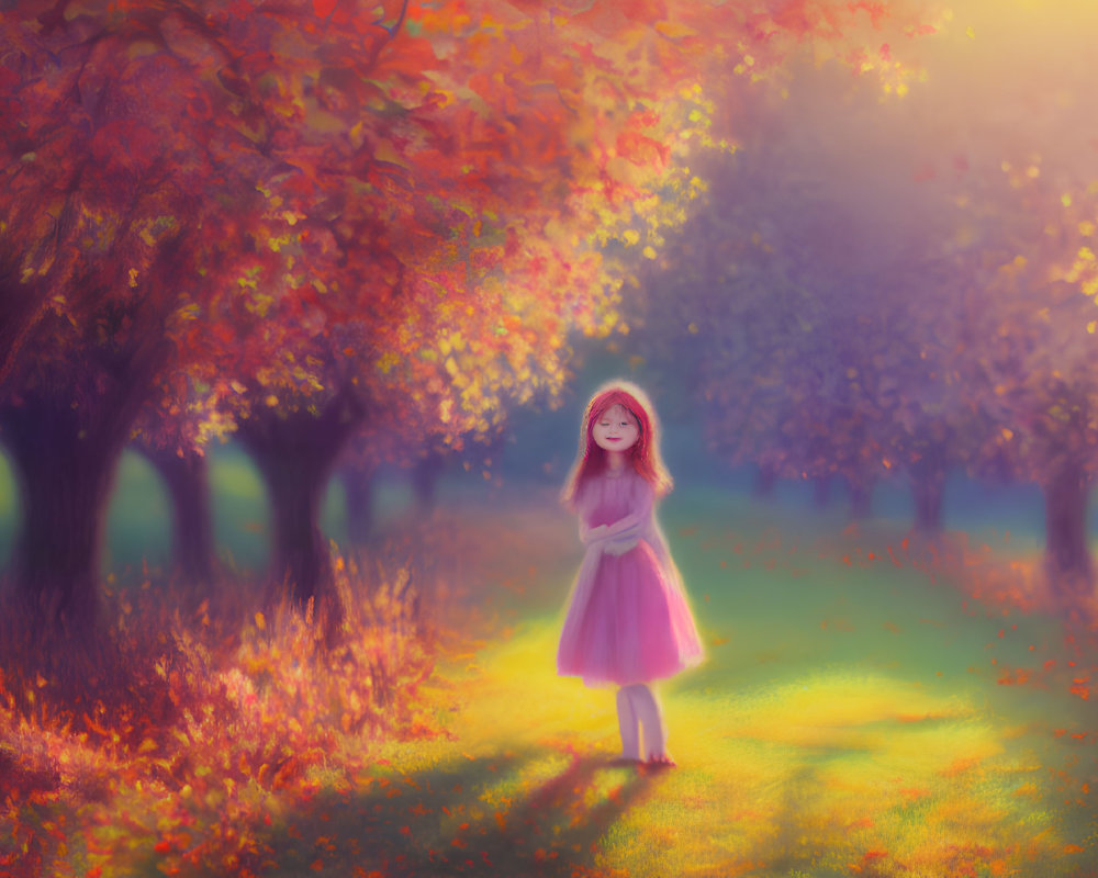 Girl in Pink Dress in Vibrant Autumn Forest Under Warm Sunlight