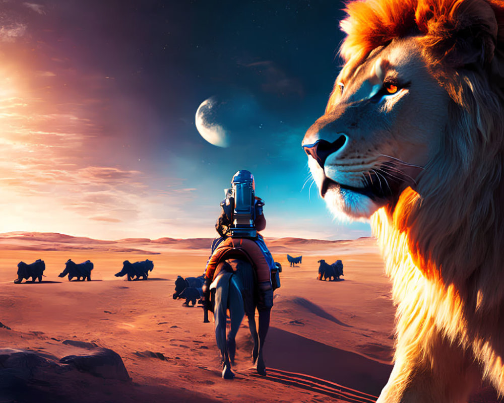 Person riding giant lion with pack in desert under twilight sky