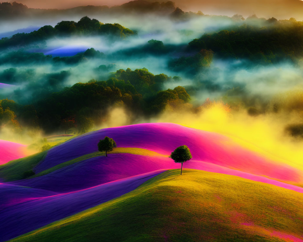 Colorful Hills at Sunrise with Lone Tree in Misty Landscape