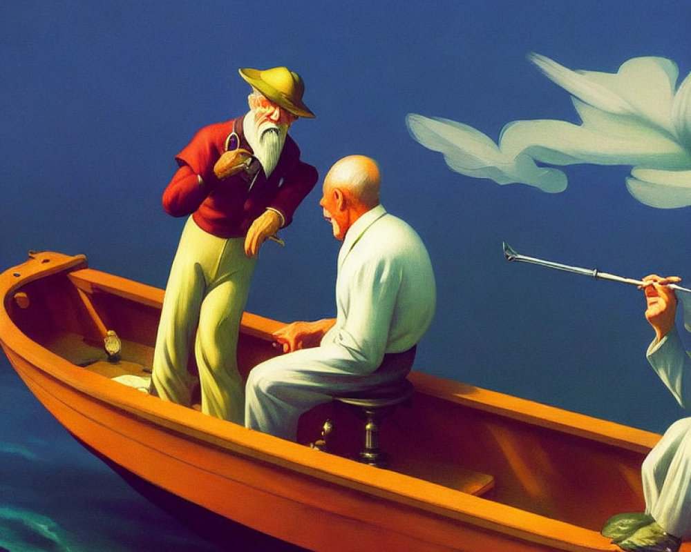 Elderly man fishing, woman rowing, and man observing on small boat in calm blue waters