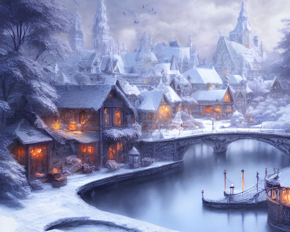 Snow-covered cottages in serene winter village scene with stone bridge, calm river, glowing windows, and