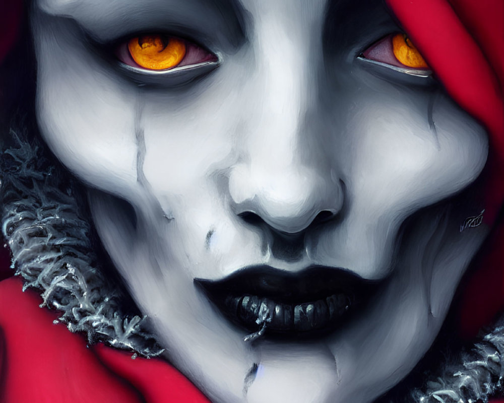 Person with dramatic skull-like makeup, orange eyes, and red hood.