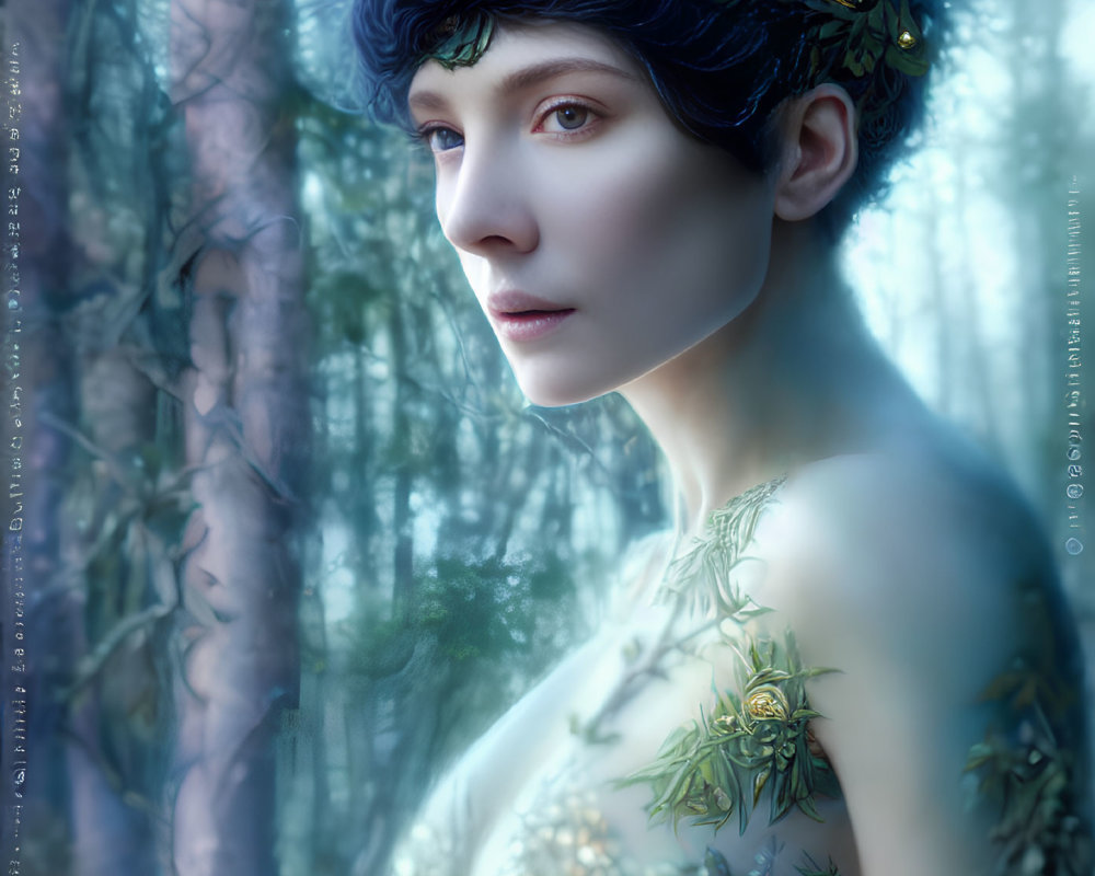 Blue-toned fantasy portrait in ethereal forest with golden accents