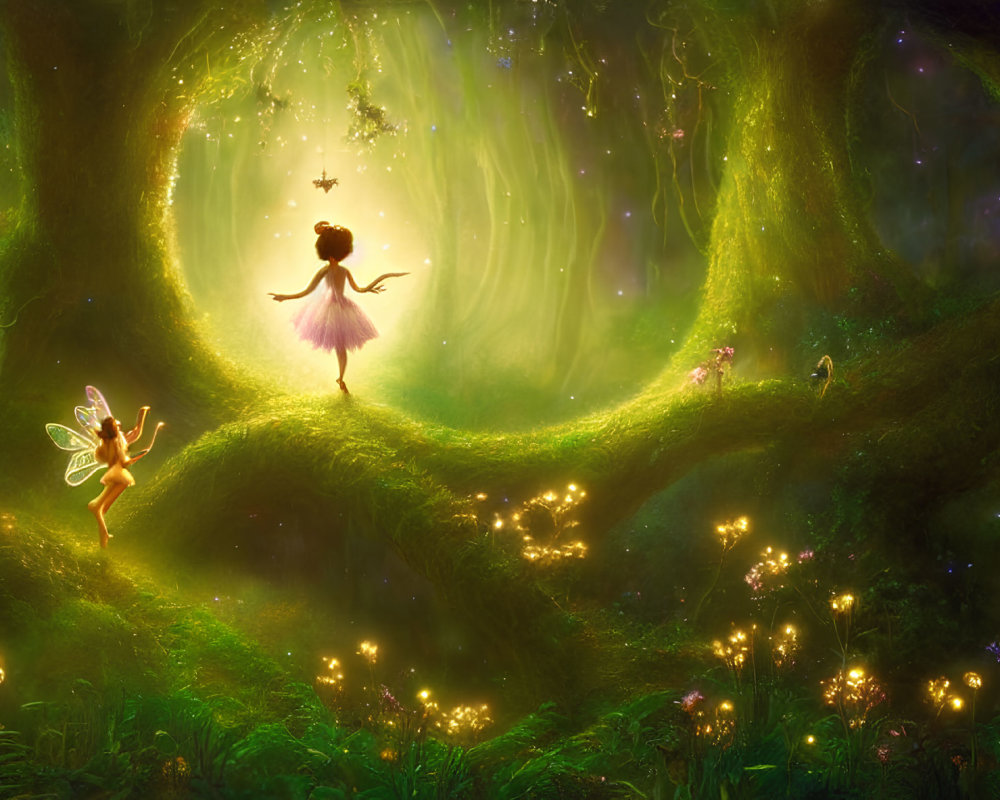 Magical forest scene with two delicate winged fairies