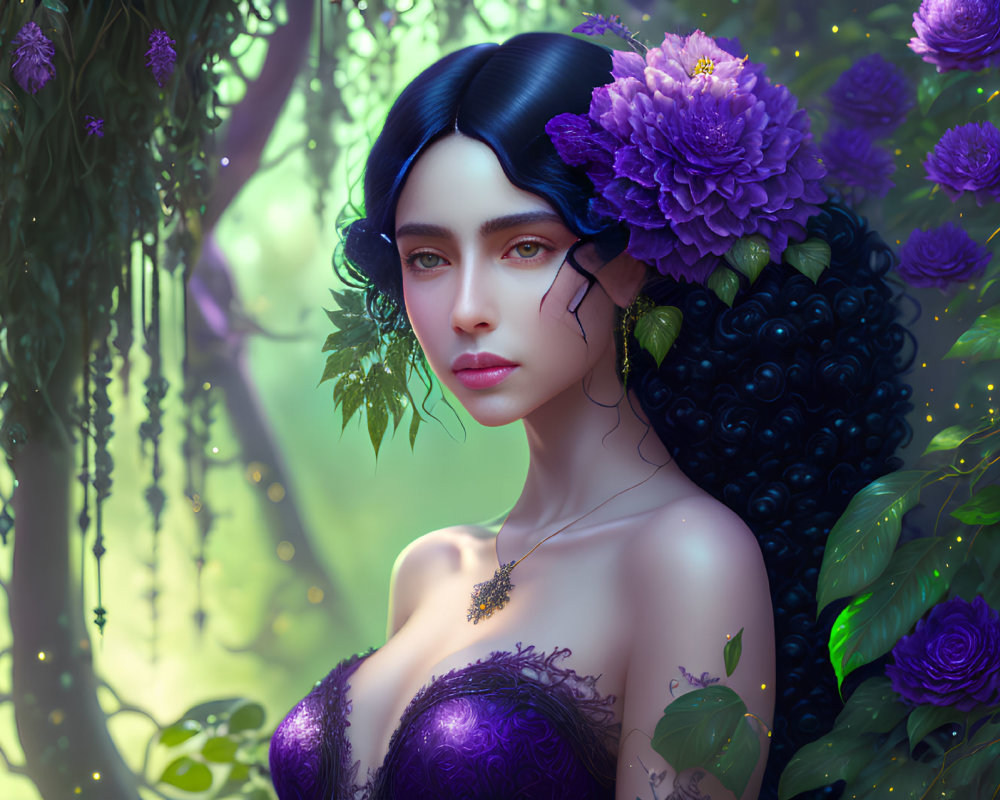 Dark-haired woman with purple flowers in ethereal forest setting