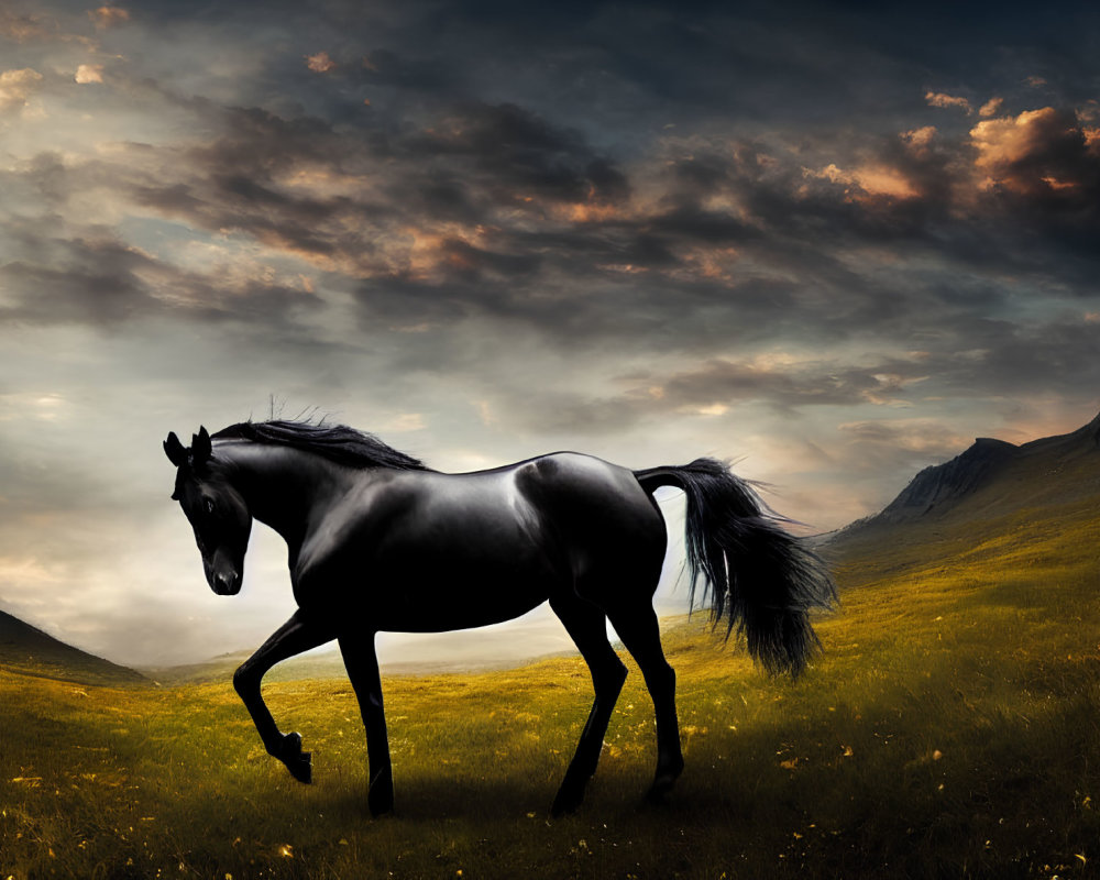 Majestic black horse galloping in field with golden flowers and dramatic sky