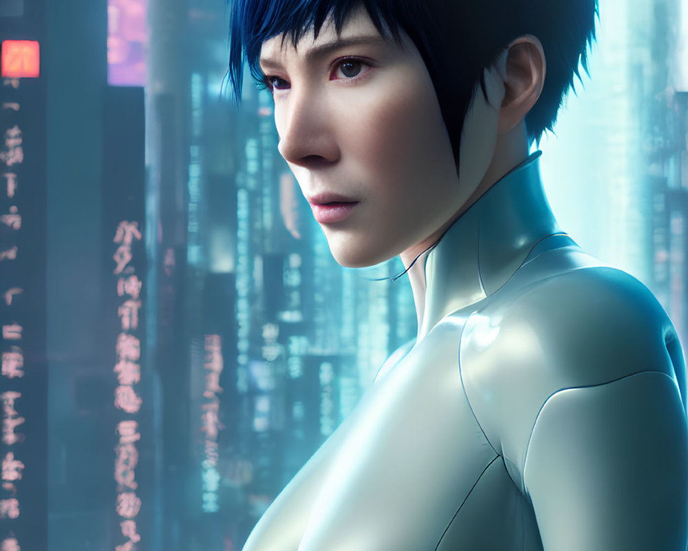 Futuristic 3D Female Character in Tight Suit with Short Black Hair