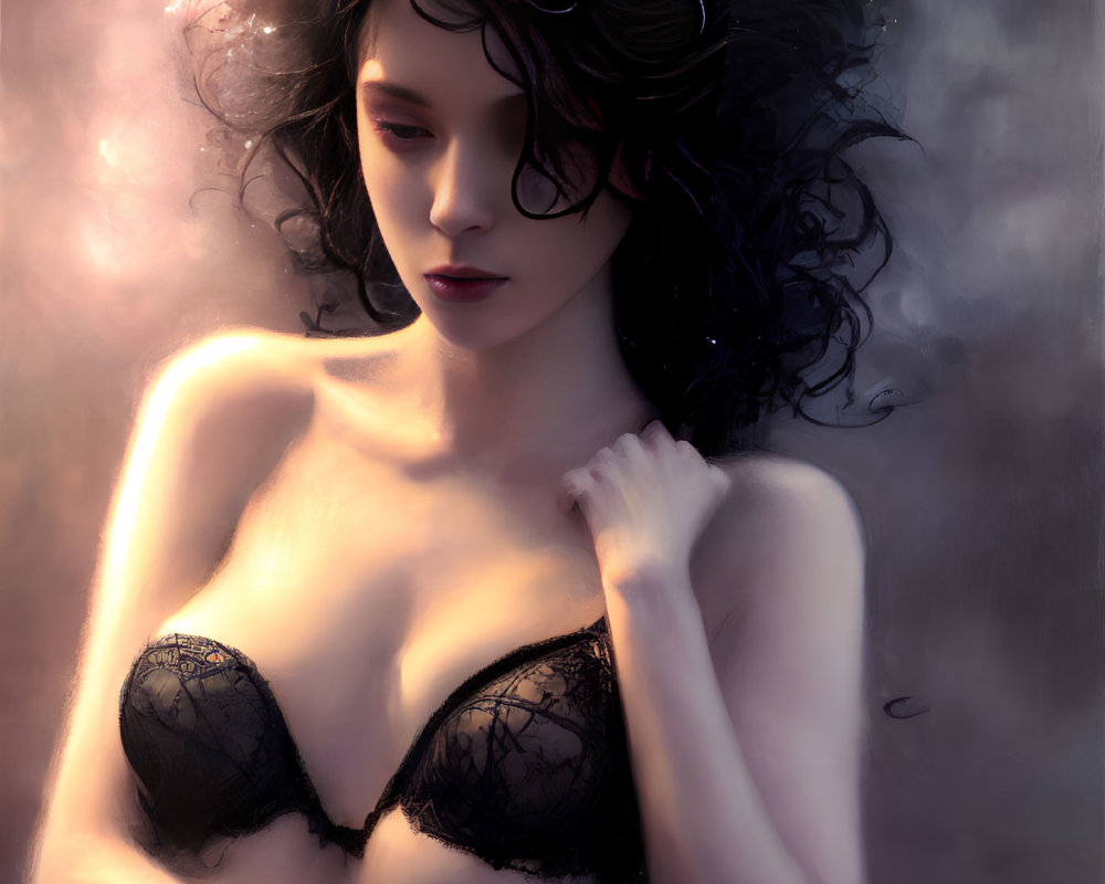 Portrait of Woman with Curly Black Hair and Lace Bra in Mist