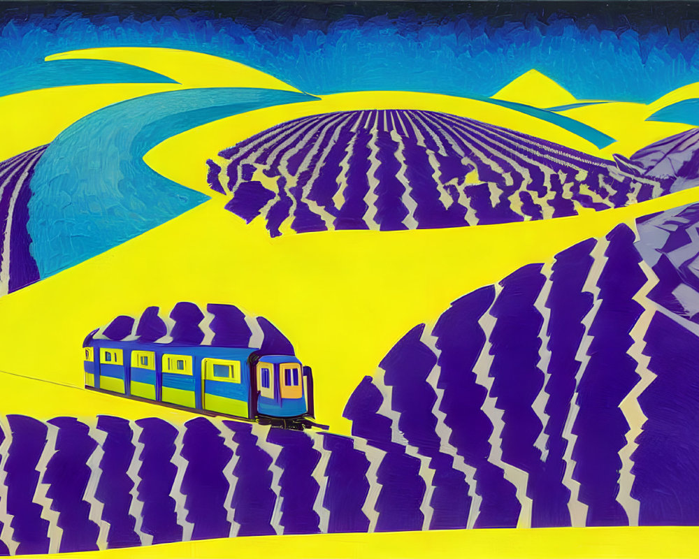 Colorful artwork: blue tram in yellow fields with surreal patterns.