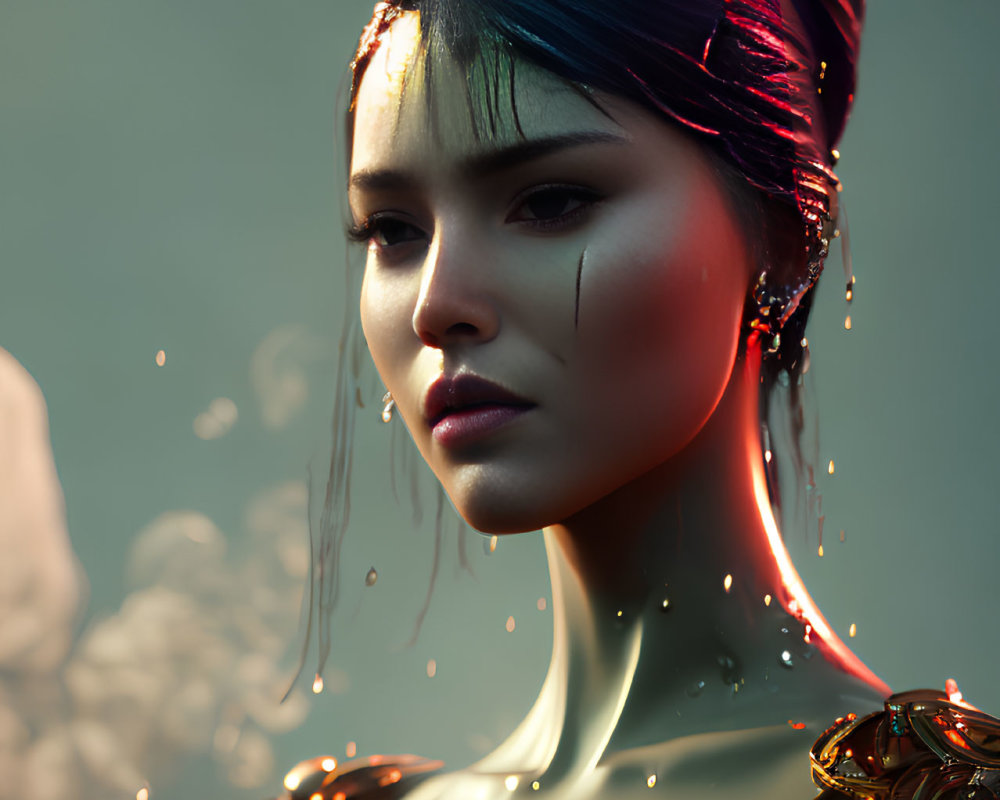 Digital art portrait of woman with glowing shoulder armor and teardrop designs on face