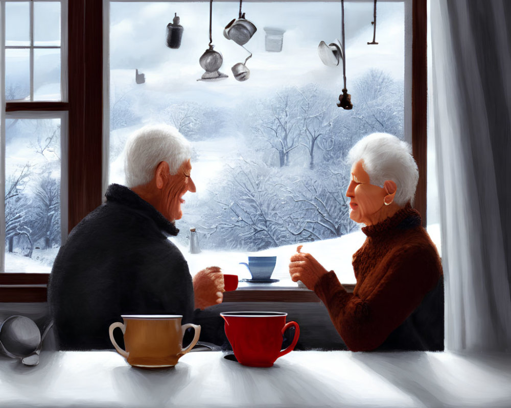 Elderly Couple Enjoying Warm Drink in Snowy Landscape