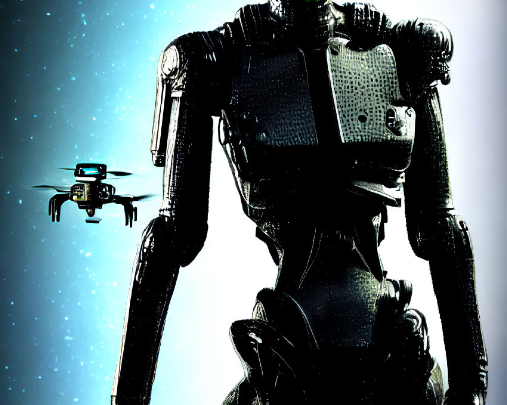 Humanoid robot with green glowing eyes and flying drone against starry backdrop