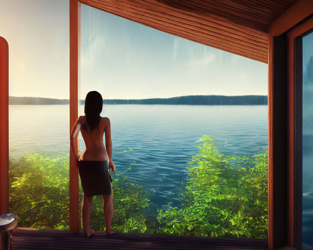 Person standing in doorway overlooking serene lake and forested hills under blue sky